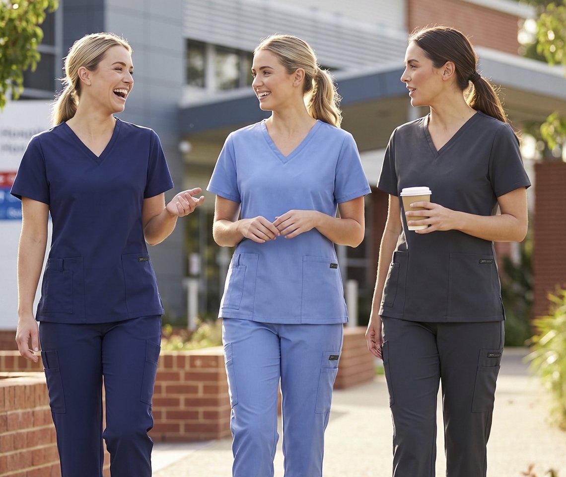 Three nurses in JB's Wear scrubs walking outside a clinic