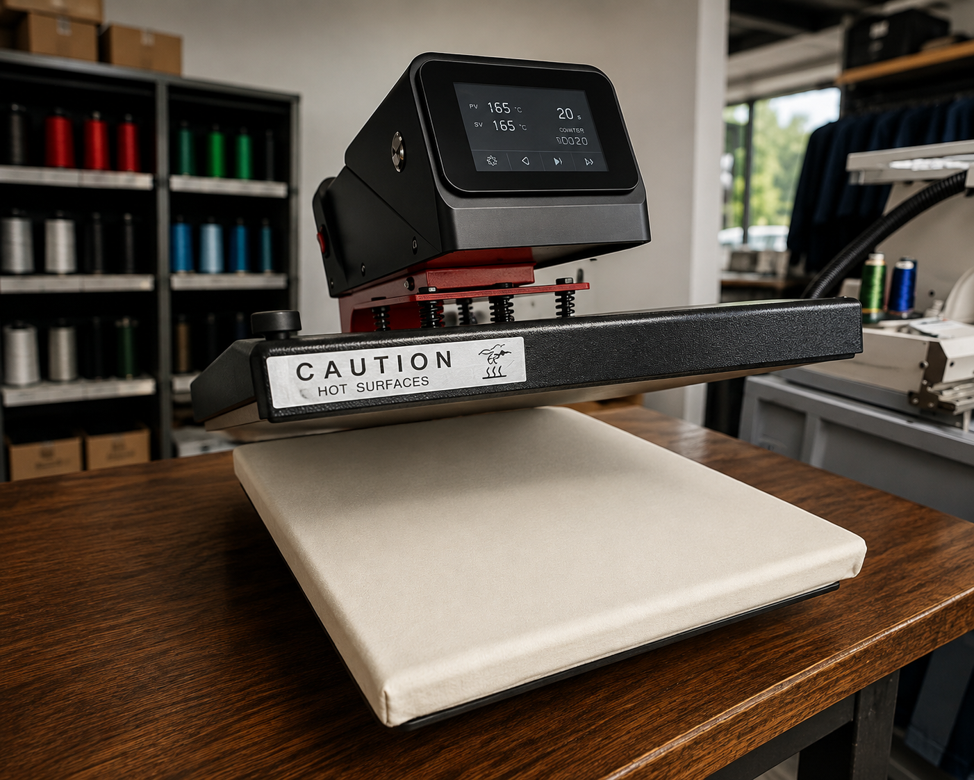 A heat press closing on a hi-vis shirt with a name and number applied.