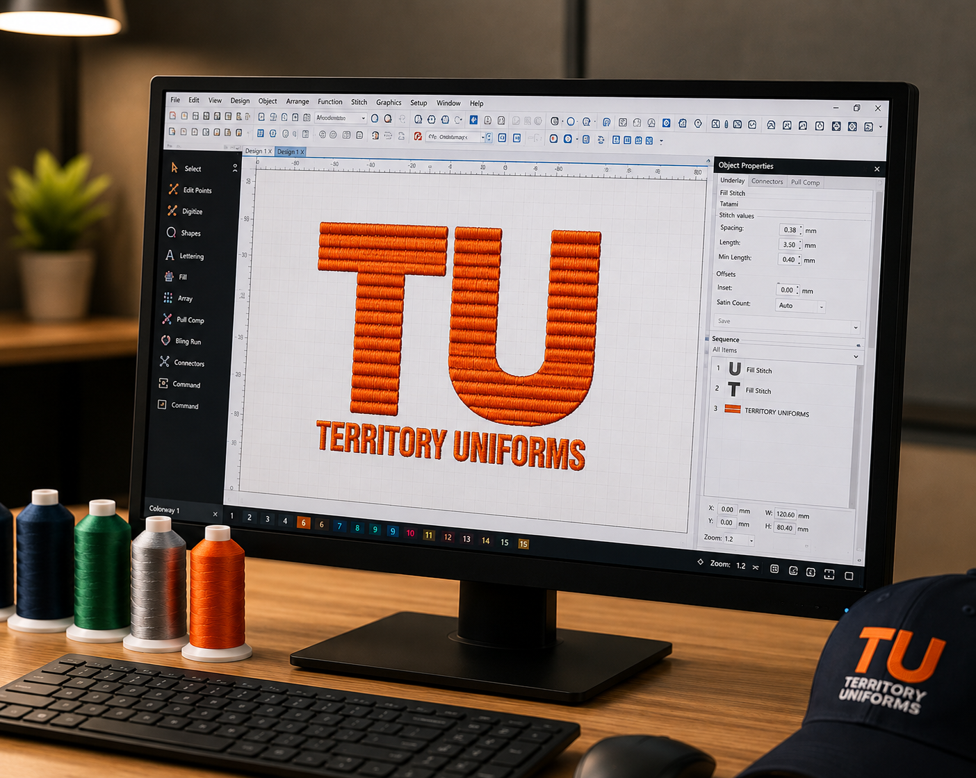 A customer logo on screen beside the finished stitch-out on fabric.